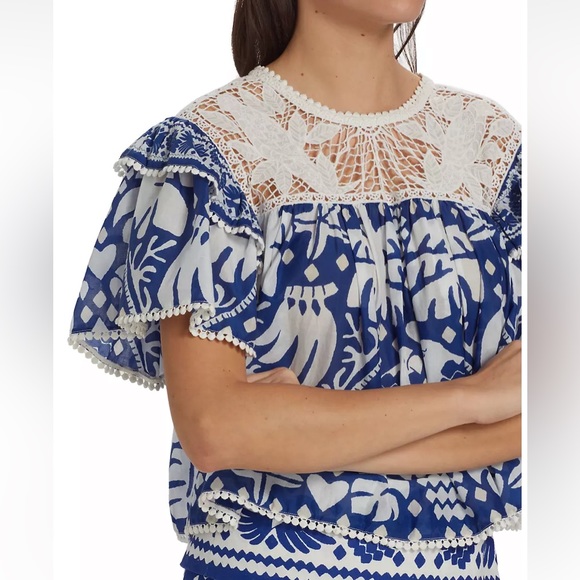 FARM RIO Navy Blue Jungle Scarf Lace Ruffle Sleeve Blouse - Picture 7 of 16